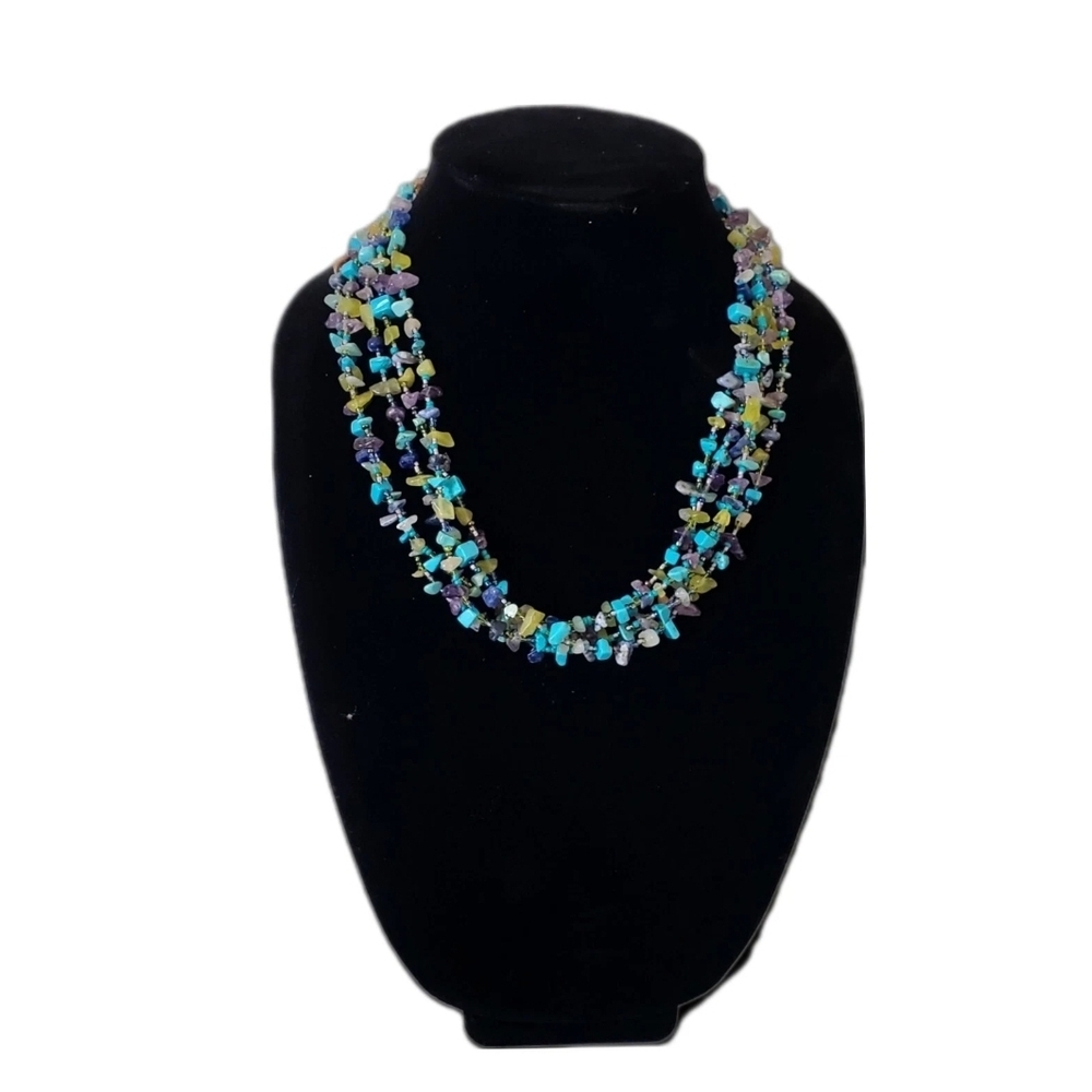 Authentic Amethyst, Citrine, And Turquoise Natural Stone Multi-Strand Necklace